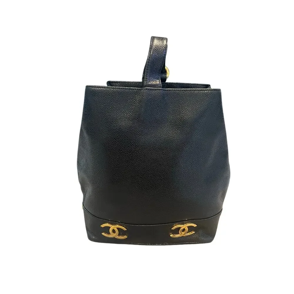 Authentic Vintage CC Chanel Black Caviar Bucket Shoulder Bag gold hardware